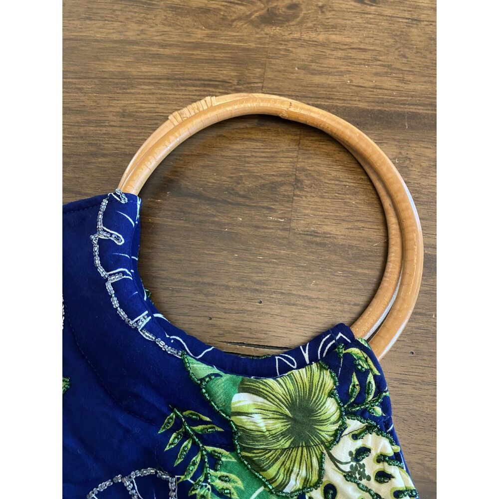 Vintage Boho Tropical Bag, Beaded Earthy with Plant Patterns and Bamboo Handle